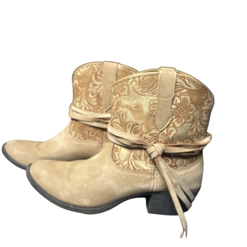 dingo Tan Floral Embossed Western Ankle Booties - Picture 13 of 14